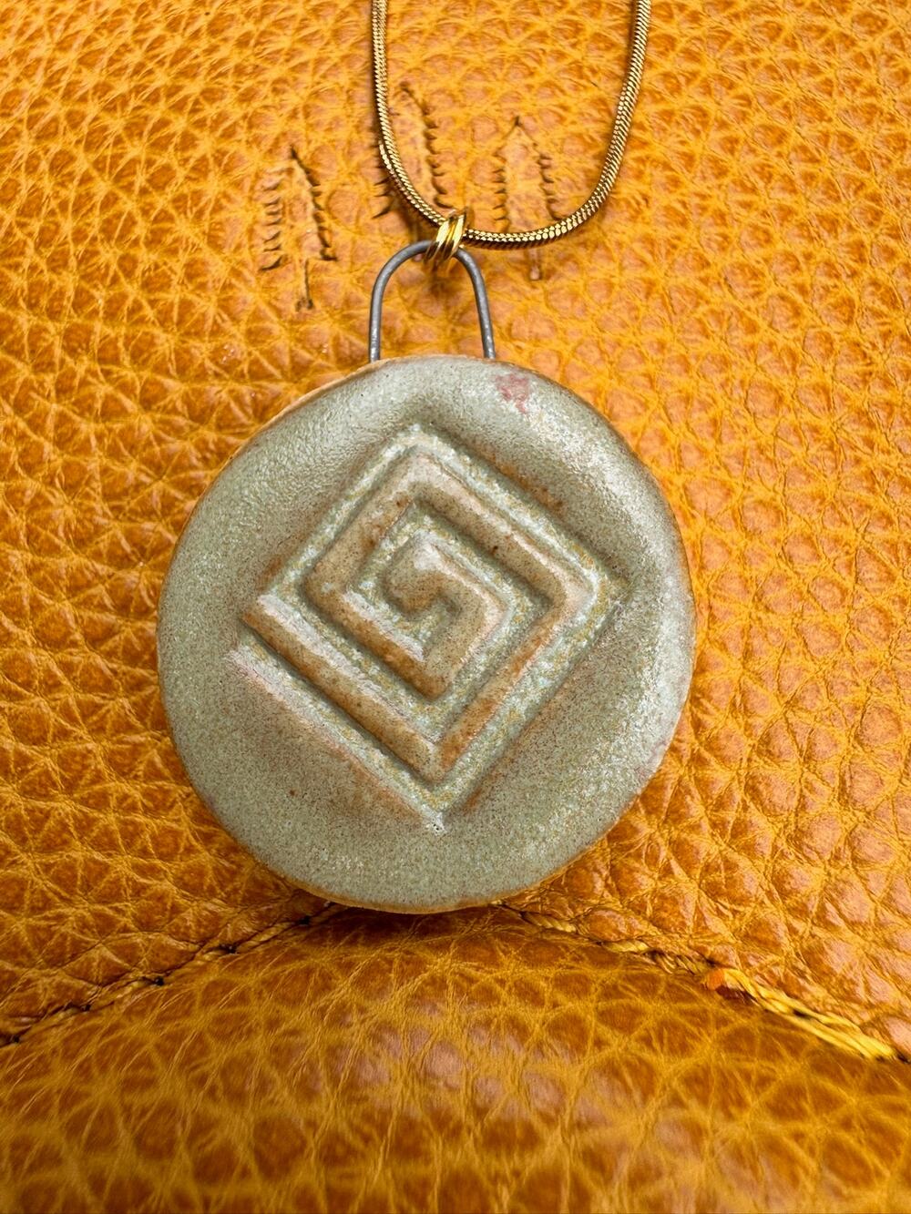 Kiln Fired Light Green Neutral Necklace Handcrafted Ceramic Round Pendant